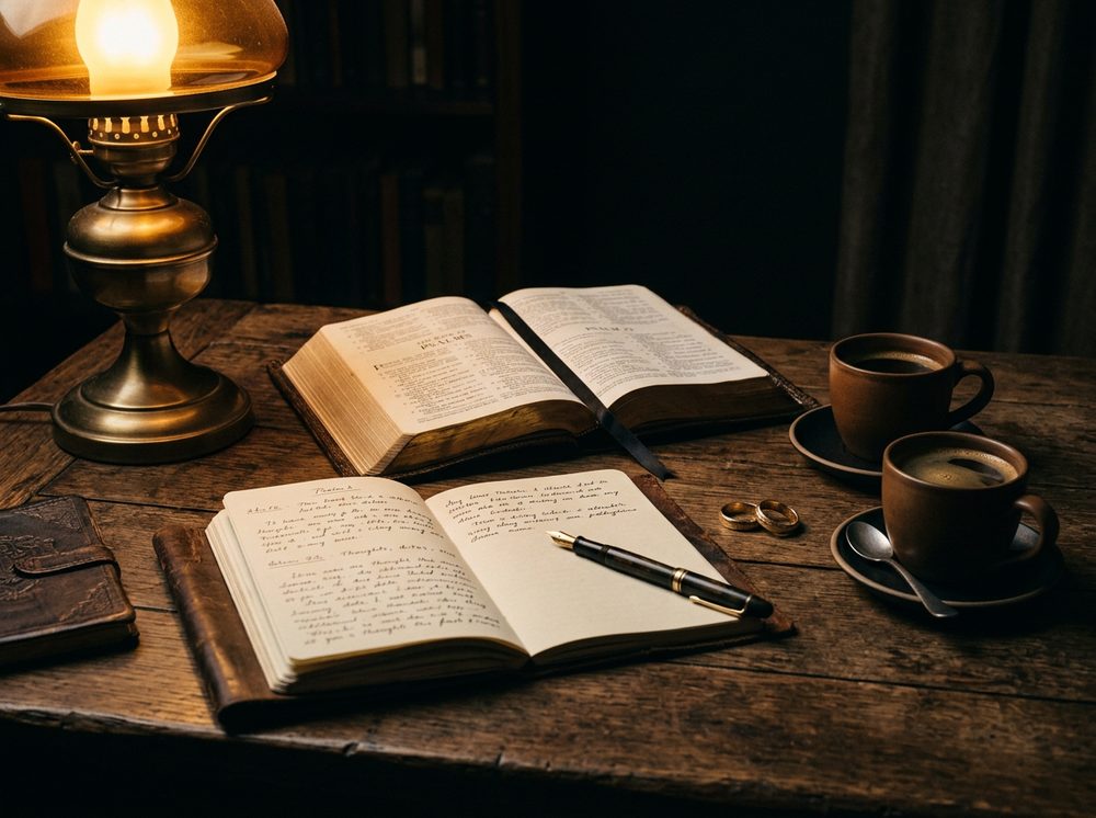 Open Bible, counseling notebook, and wedding rings on the table