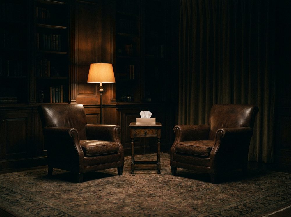 Two separate chairs in an empty counseling room